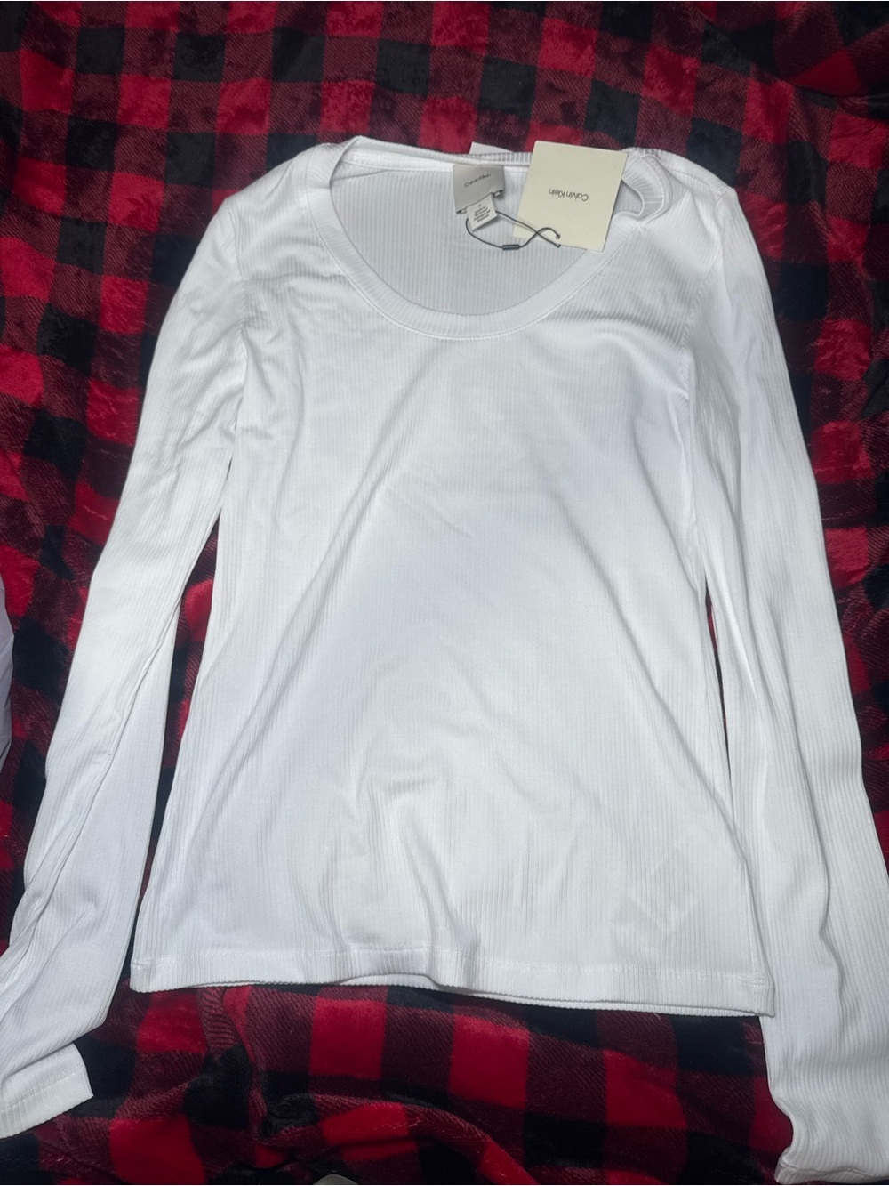 Calvin Klein White Ribbed Scoop-Neck Long Sleeve Tee NWT